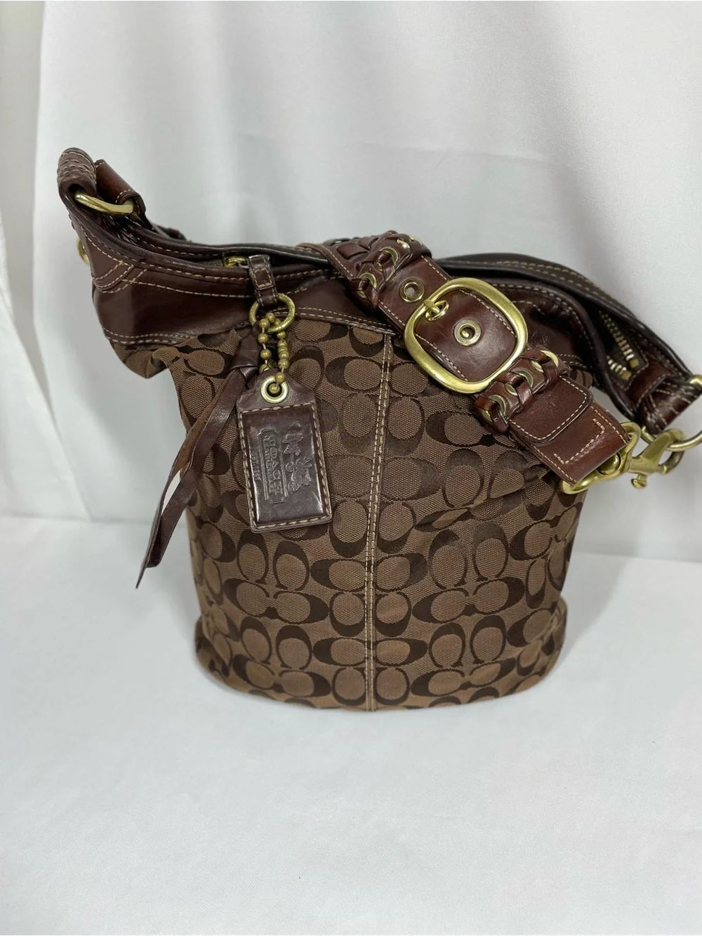 Vintage Coach Signature Monogram Brown Buckle Hobo Shoulder Bag Y2K